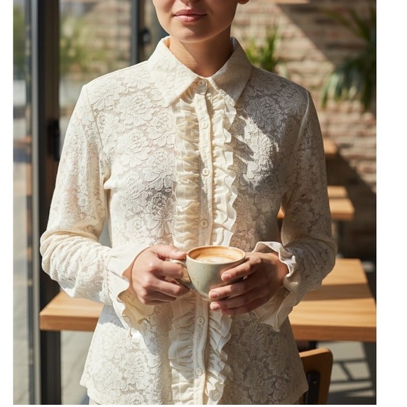 Kate Landry Tops - Kate Landry Vintage Lace Ruffle Button Up Shirt Blouse Cream Long Sleeve Women's